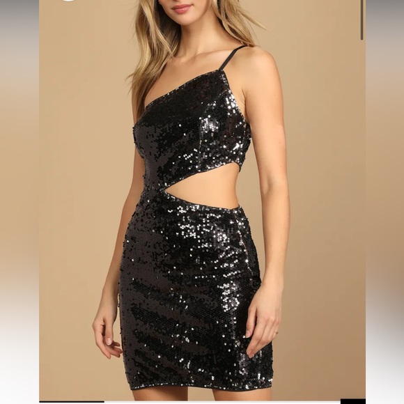 Lulus Dresses & Skirts - Lulus Sultry Soiree Black Sequin One-Shoulder Cutout Mini Dress Size Large